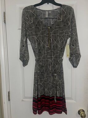 Geometric Print Navy and White Midi Dress with Red Stripe Hem